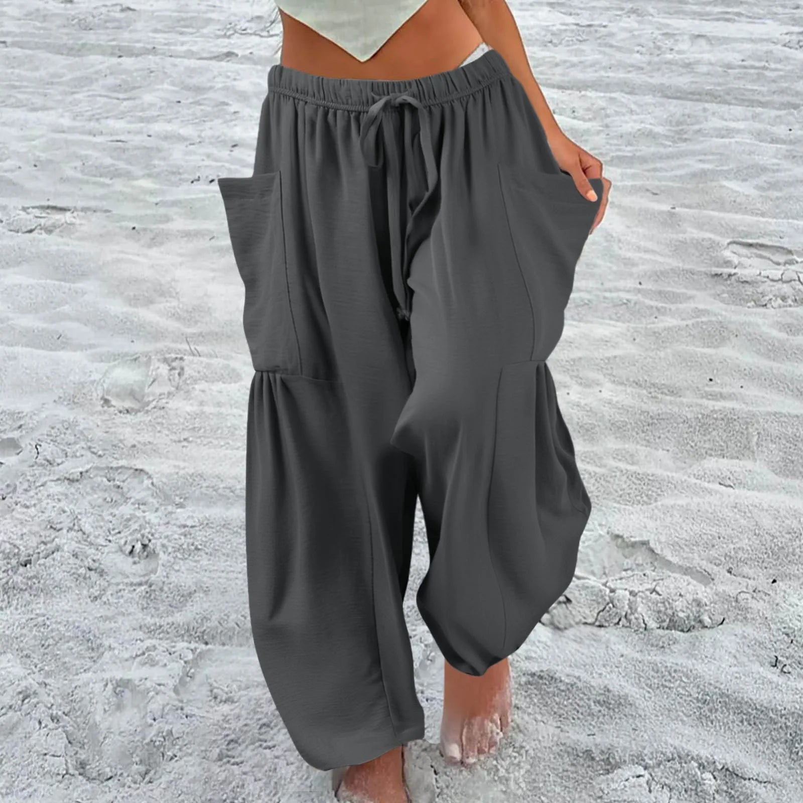Women’s Plus Size Middle Waist Baggy Pants with Pockets – Korean Fashion