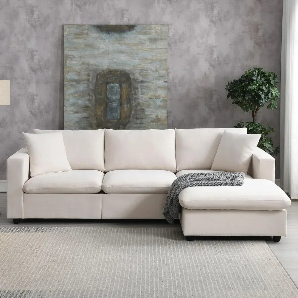 L Shaped 4 Seater Comfy Sofa with Convertible Ottoman, Polyester Fabric