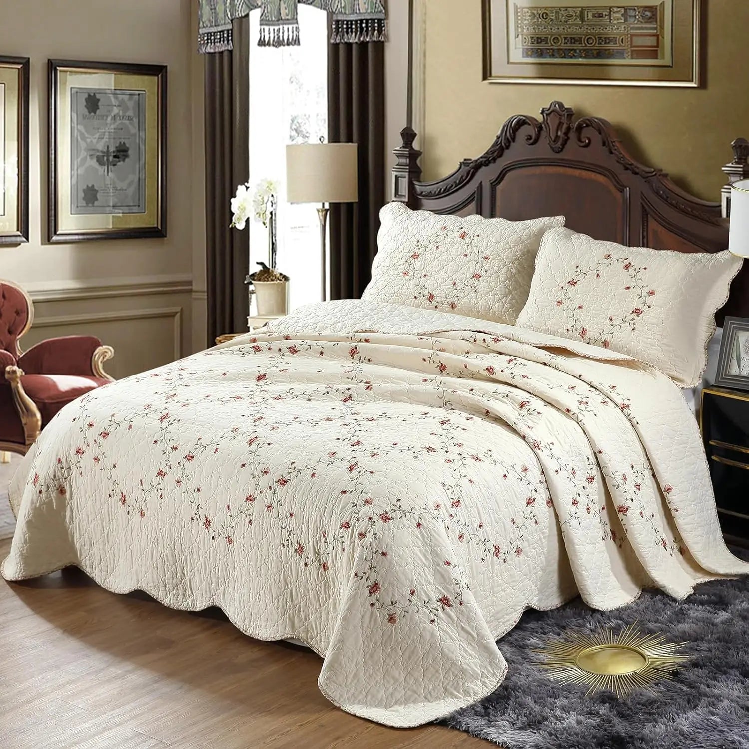 Floral Embroidered Bedspread Set