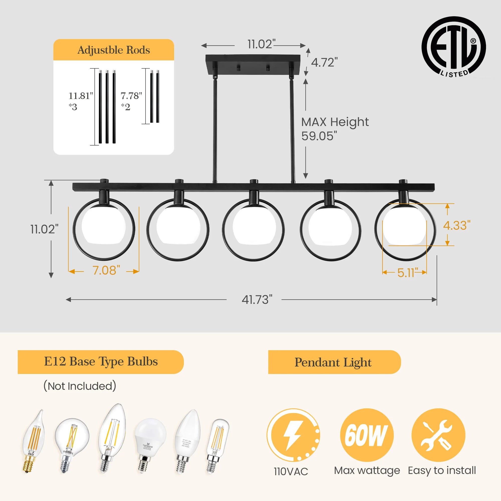 Modern 5-Light Adjustable Chandelier