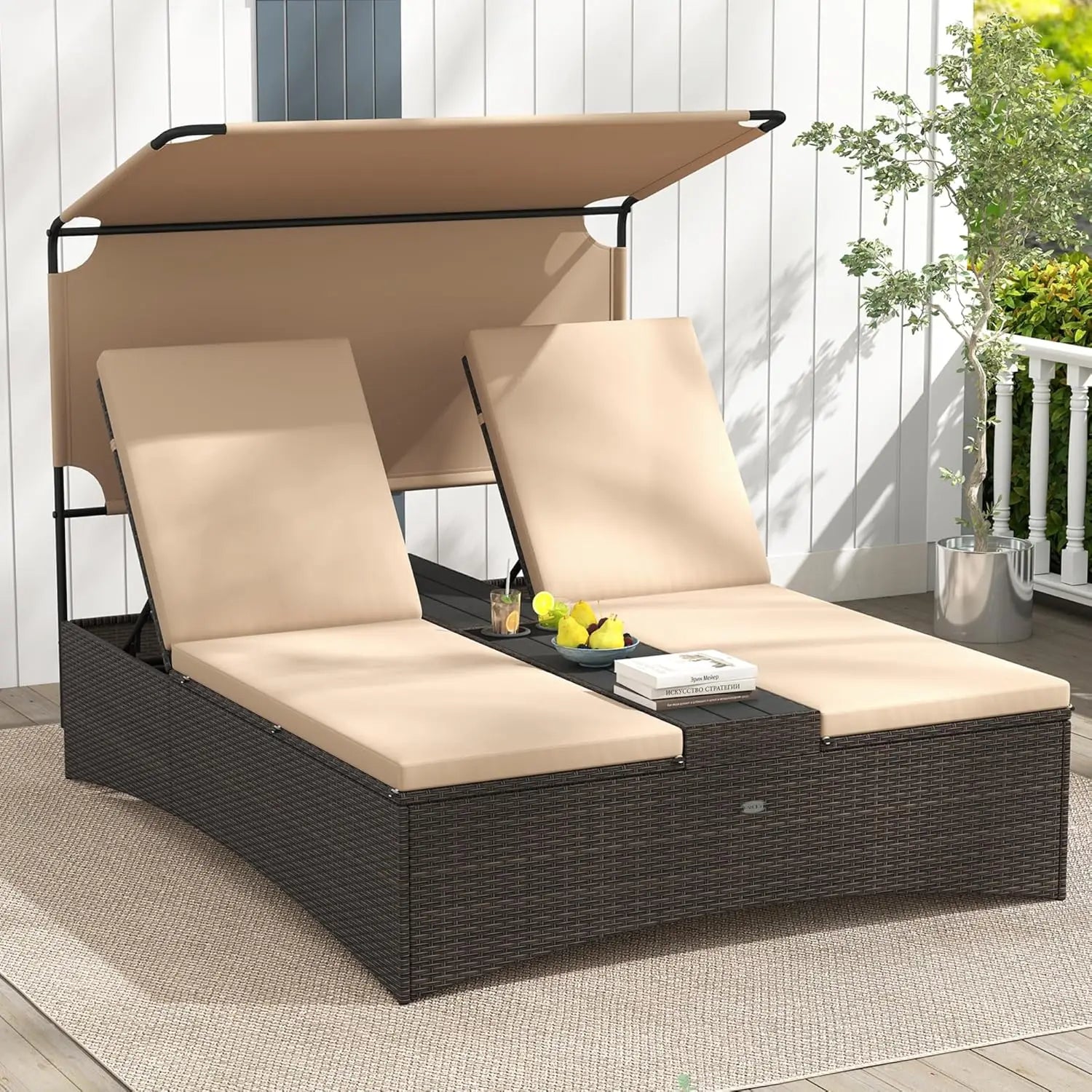 2-Person Outdoor Rattan Lounger with Canopy