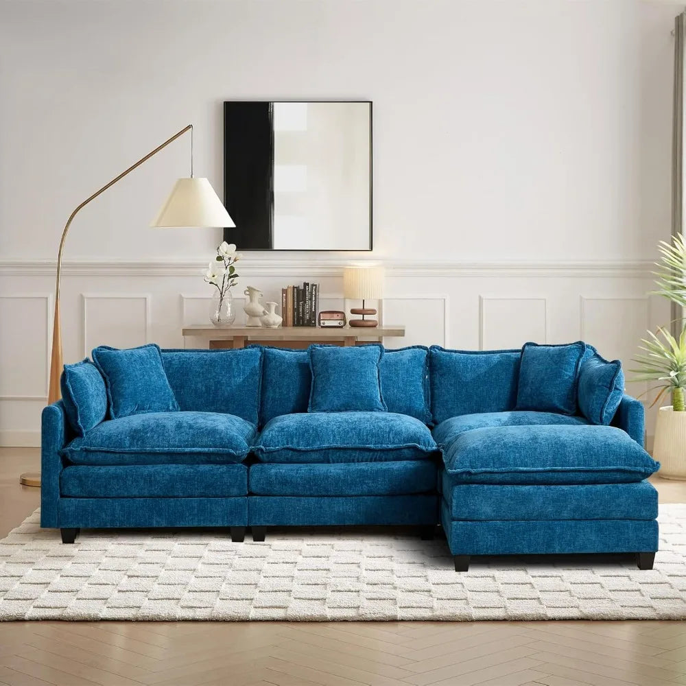 111.5” Modular L-Shaped Sectional Sofa with Ottoman and Pillows, Chenille Upholstery
