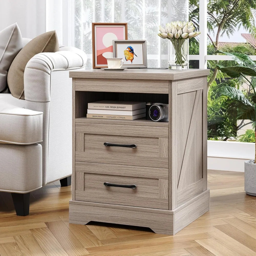 18'' Farmhouse Nightstand with LED Lights, Power Outlets & USB Ports