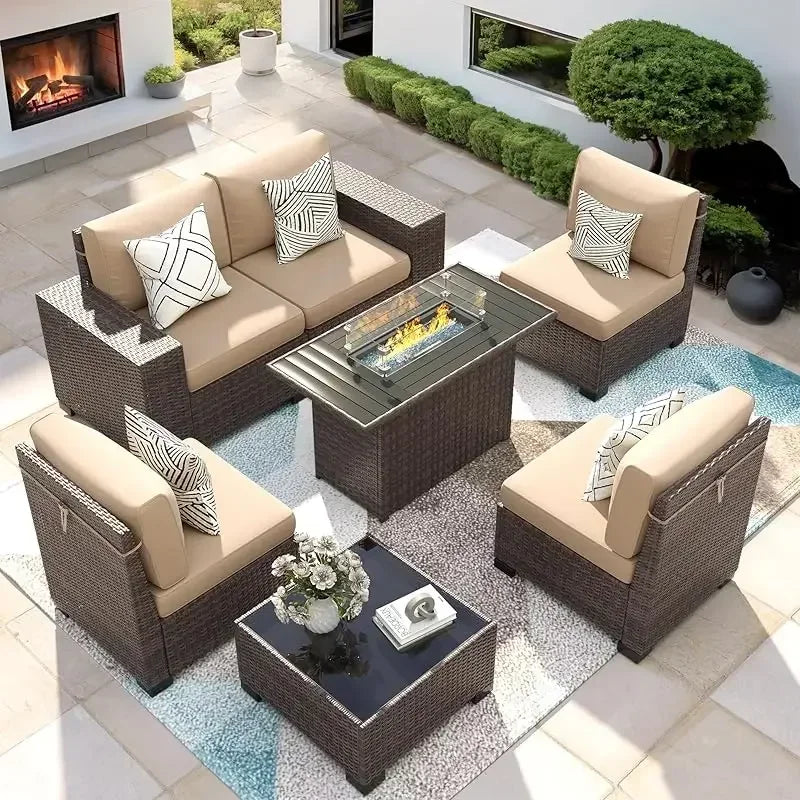 RPD4-7 Piece Patio Furniture Set with Fire Pit Table