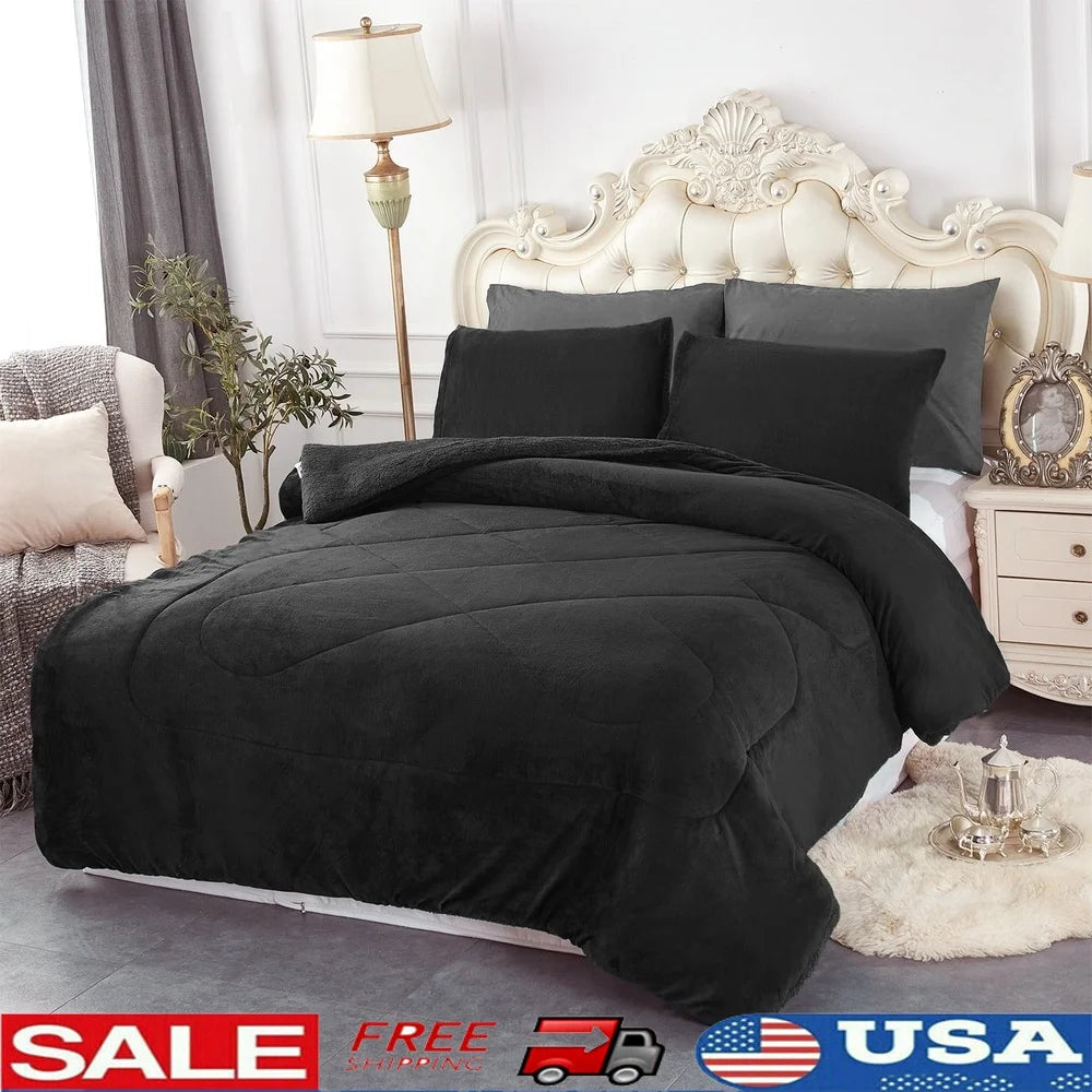 3 PC Sherpa Fleece Bed Blanket Set - Reversible - King Size