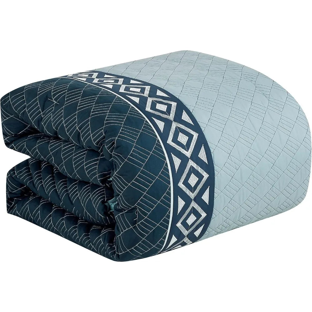 Luxury 7-Piece Full/Queen Comforter Set – Modern Damask Embroidered Grey Elegance
