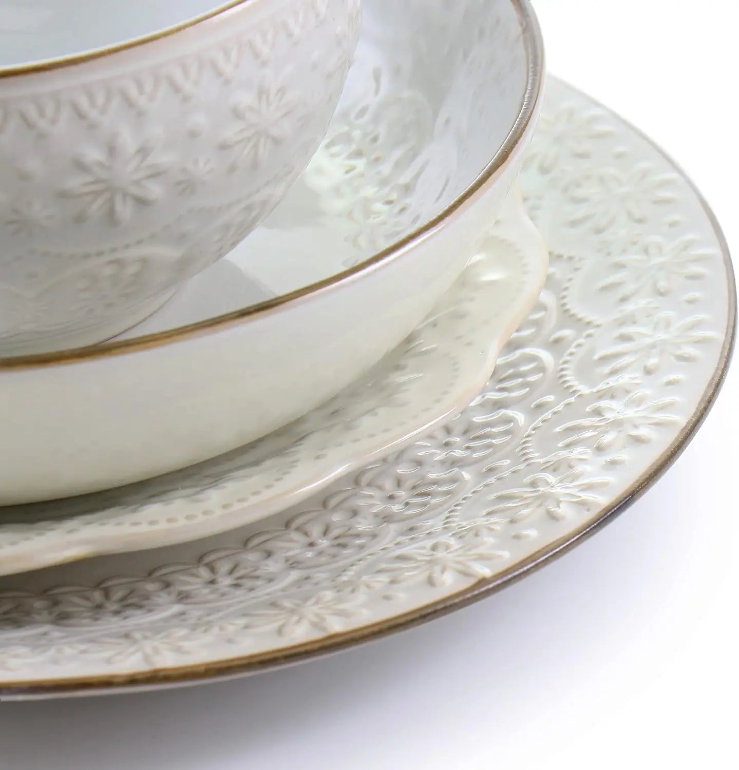 Countess 16-Piece Embossed Double Bowl Stoneware Dinnerware Set in Ivory