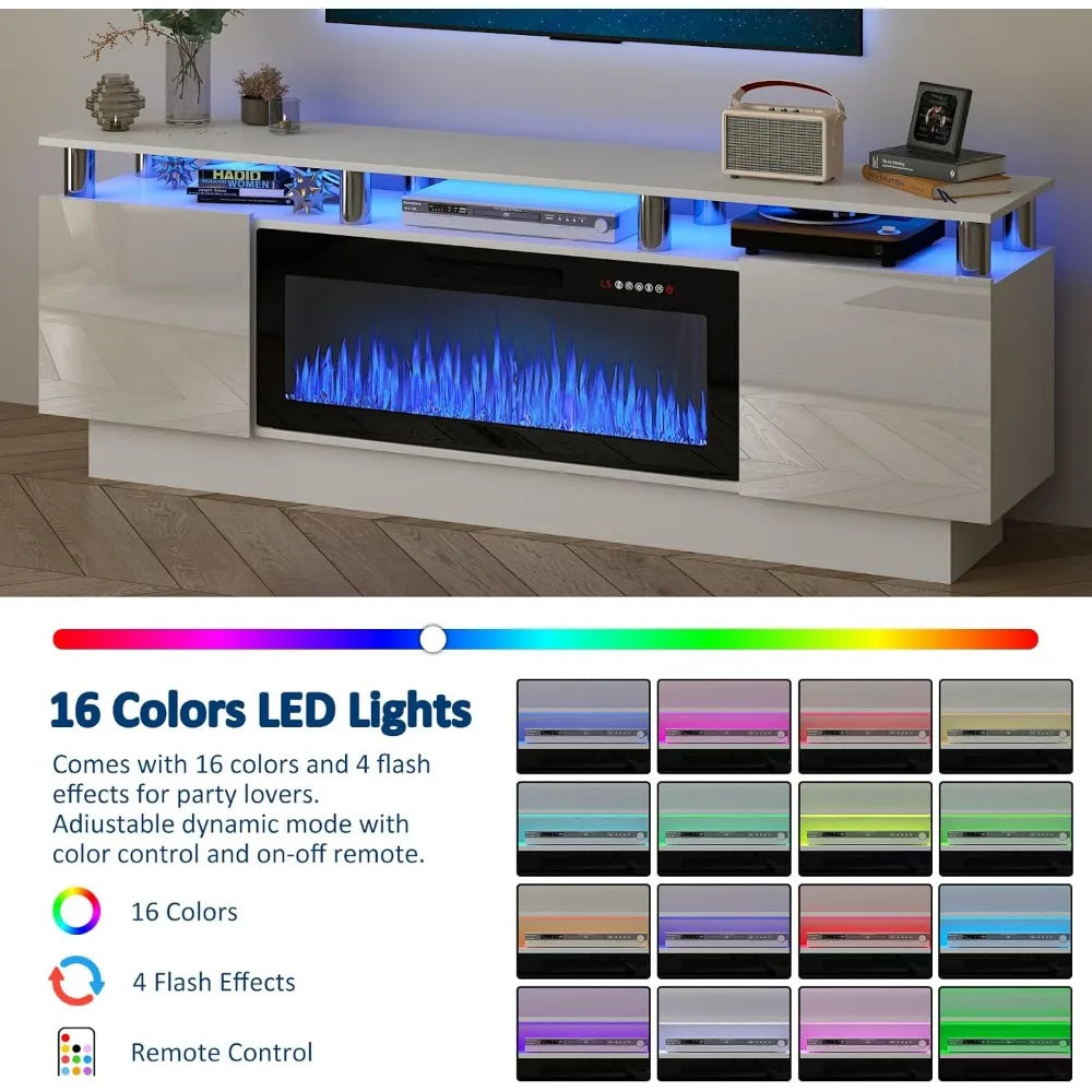 TV Stand with 36" Electric Fireplace, 70" LED Light Entertainment Center, Storage
