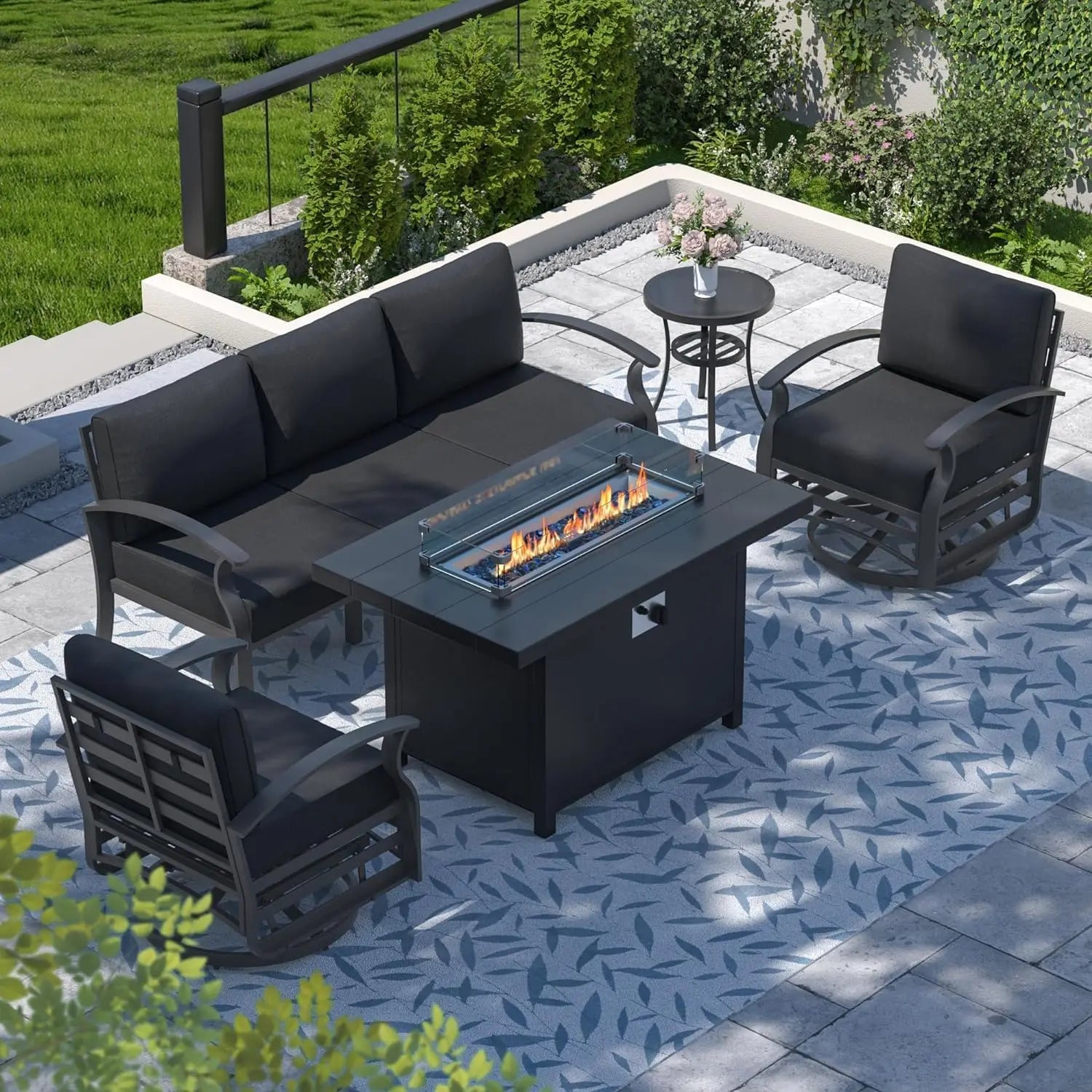 Aluminum Patio Set with Sectional Sofa, Fire Pit Table & Swivel Chairs