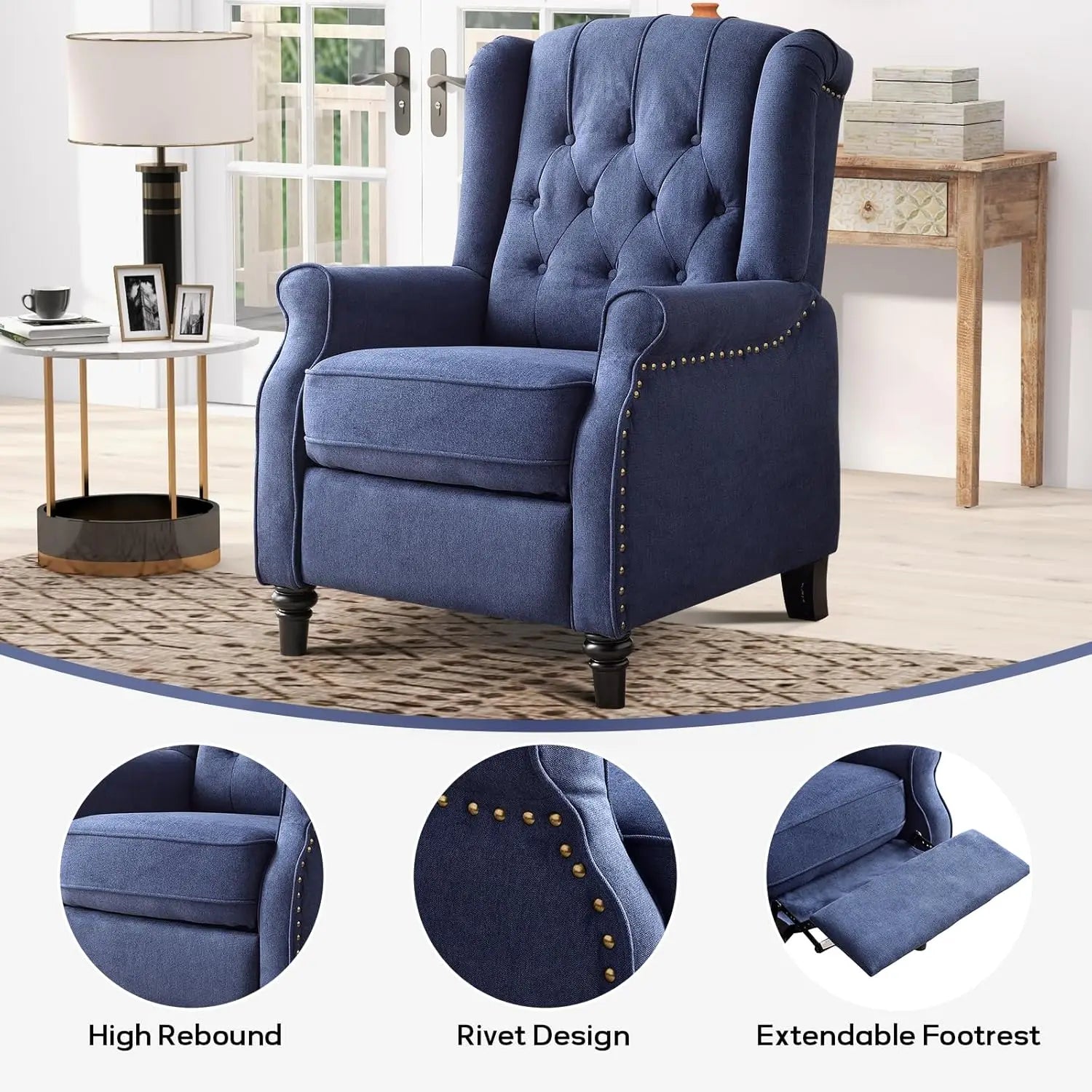 Push Back Recliner Lounge Chair, Fabric with Padded Seat