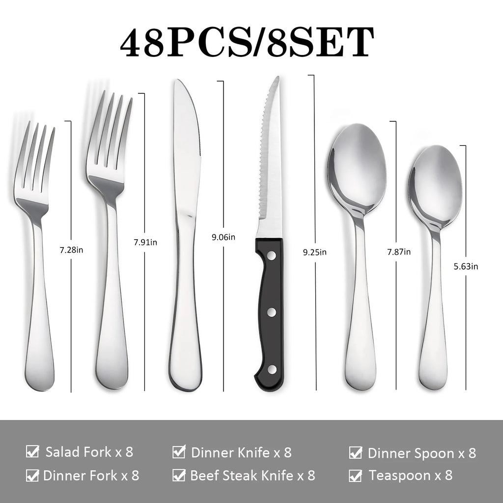 48-Piece Stainless Steel Cutlery Set with Steak Knives