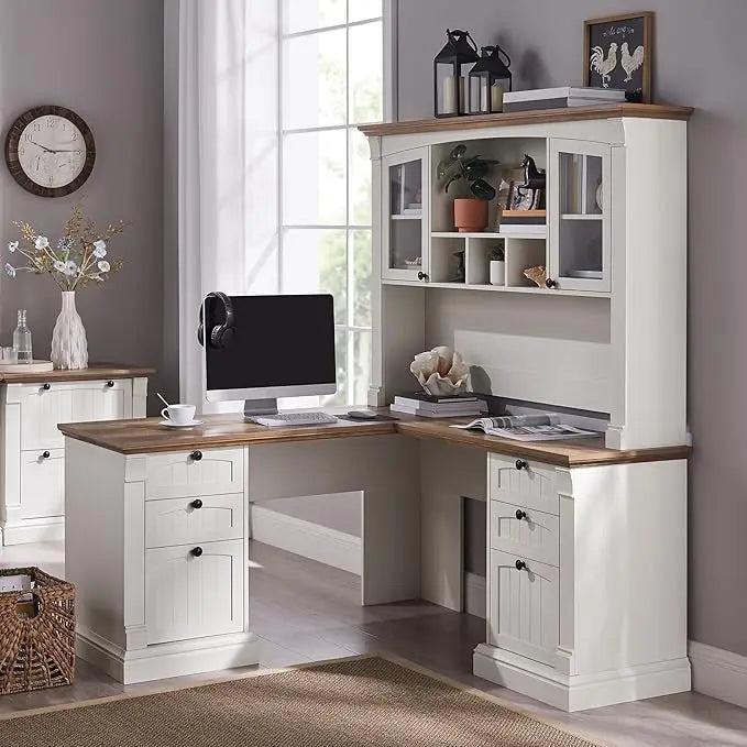 60" L Shaped Executive Desk with Hutch, Drawers & Charging Station