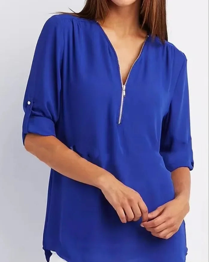 Women’s Loose Casual Deep V-Neck Chiffon Blouse – Zipper Pullover