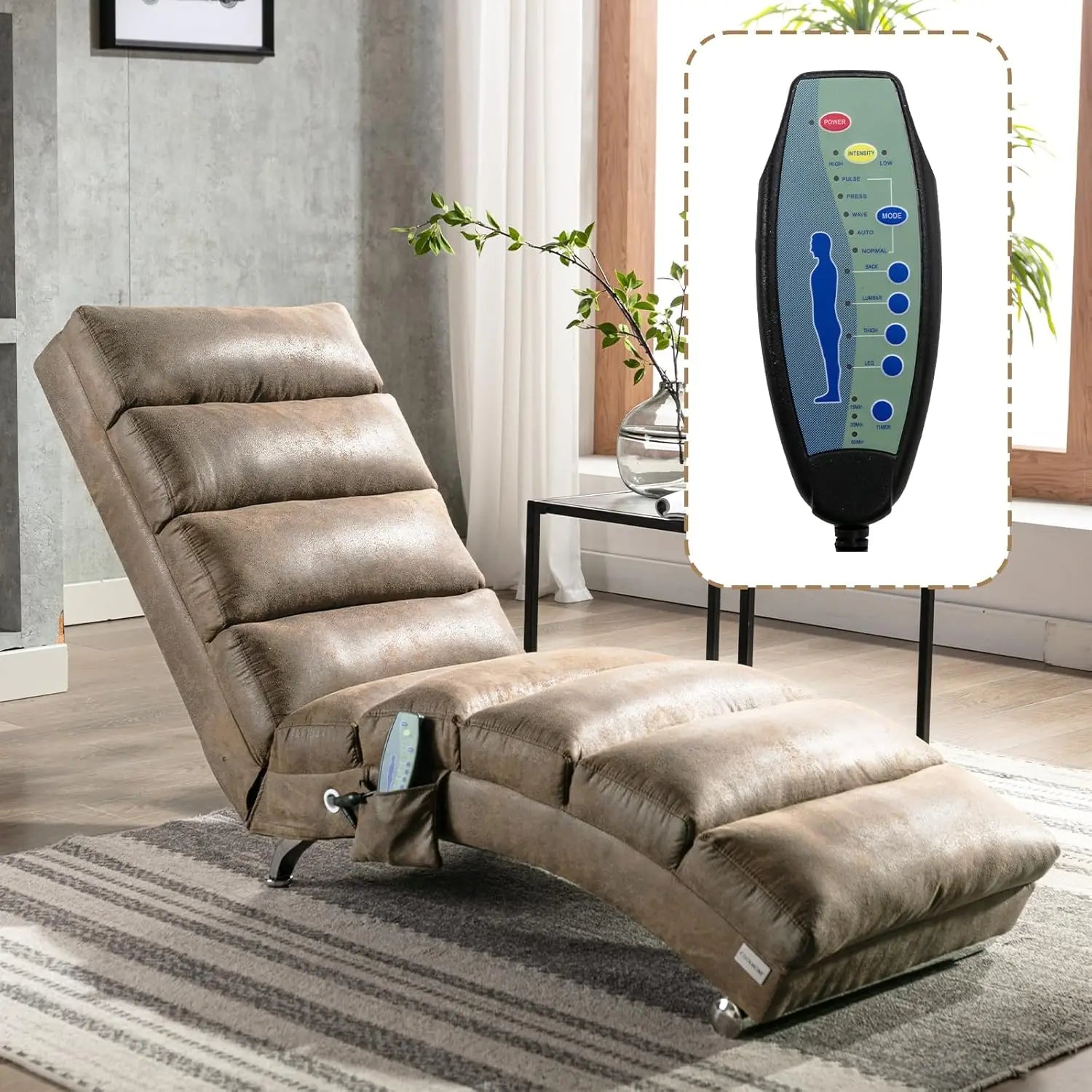Indoor Chaise Lounge Chair with Electric Massage – 5 Modes, Breathable Linen Upholstered Recliner
