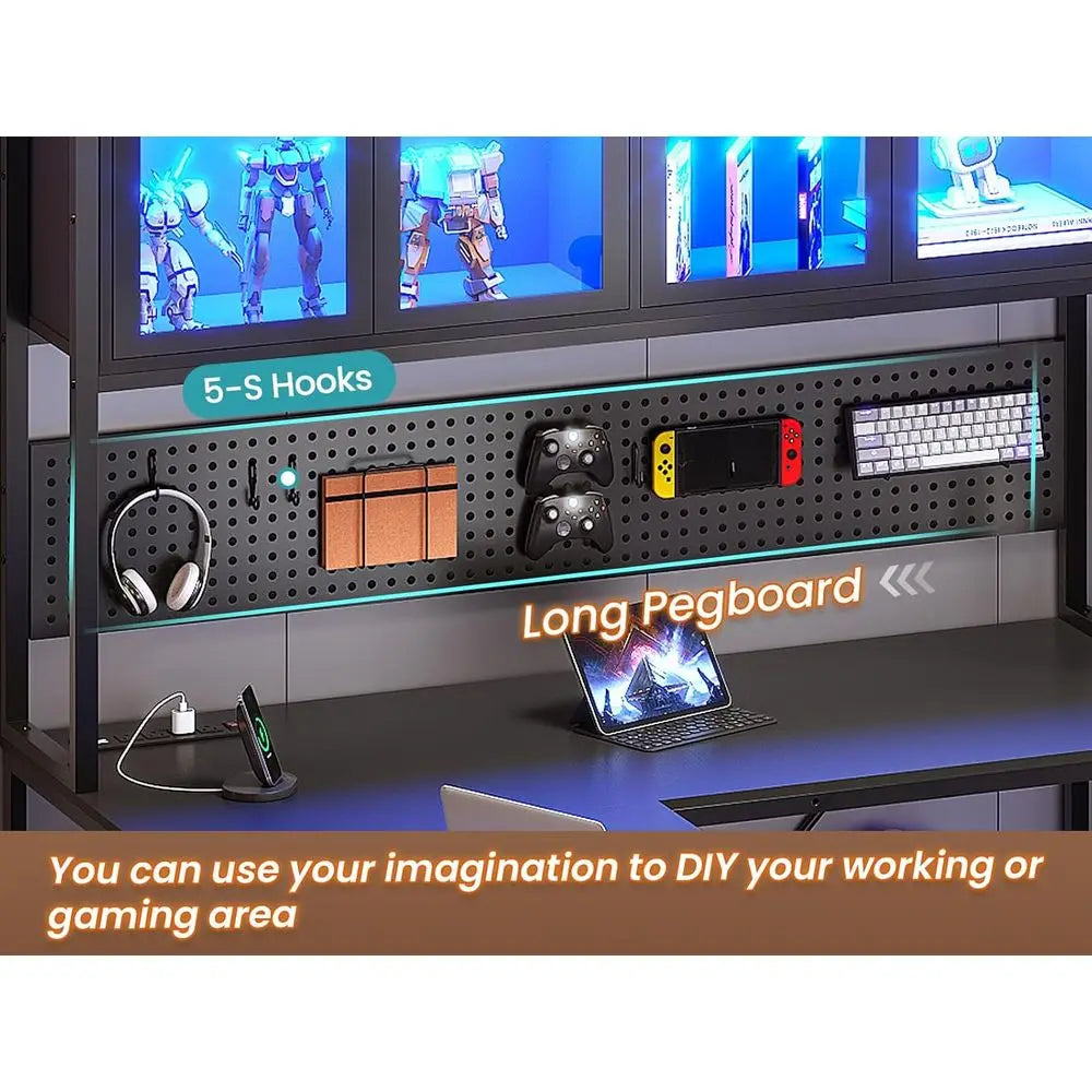 L-Shaped Gaming Desk with Hutch, Storage Shelves, Pegboard & LED Lights
