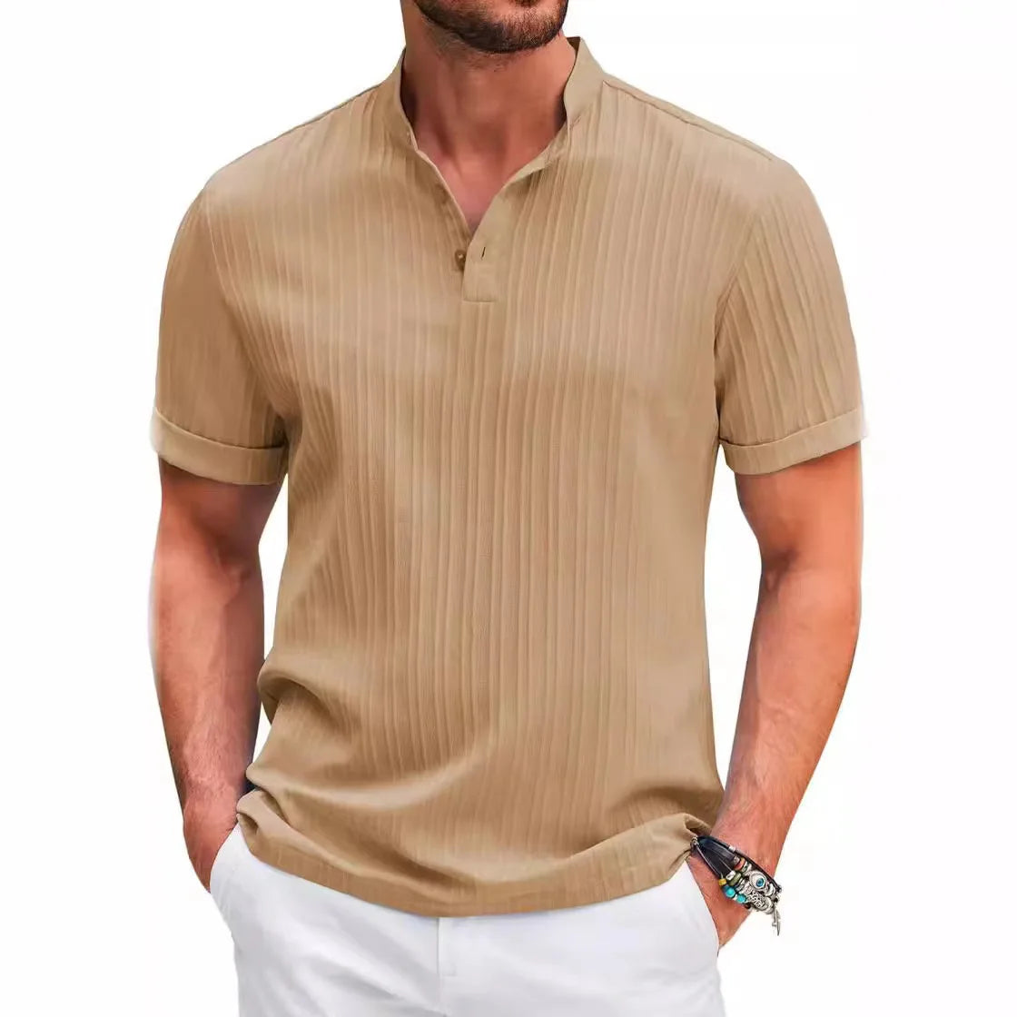 Men's Retro Cotton and Linen Casual Shirt with Sporty Stand-up Collar