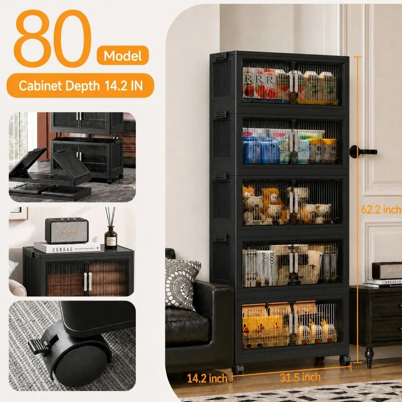 5-Tier Foldable Plastic Storage Cabinet with Wheels