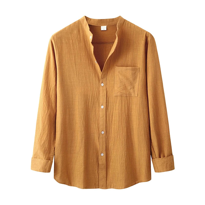 Men’s Casual Long Sleeve Mock Neck Solid Color Button-Up Shirt