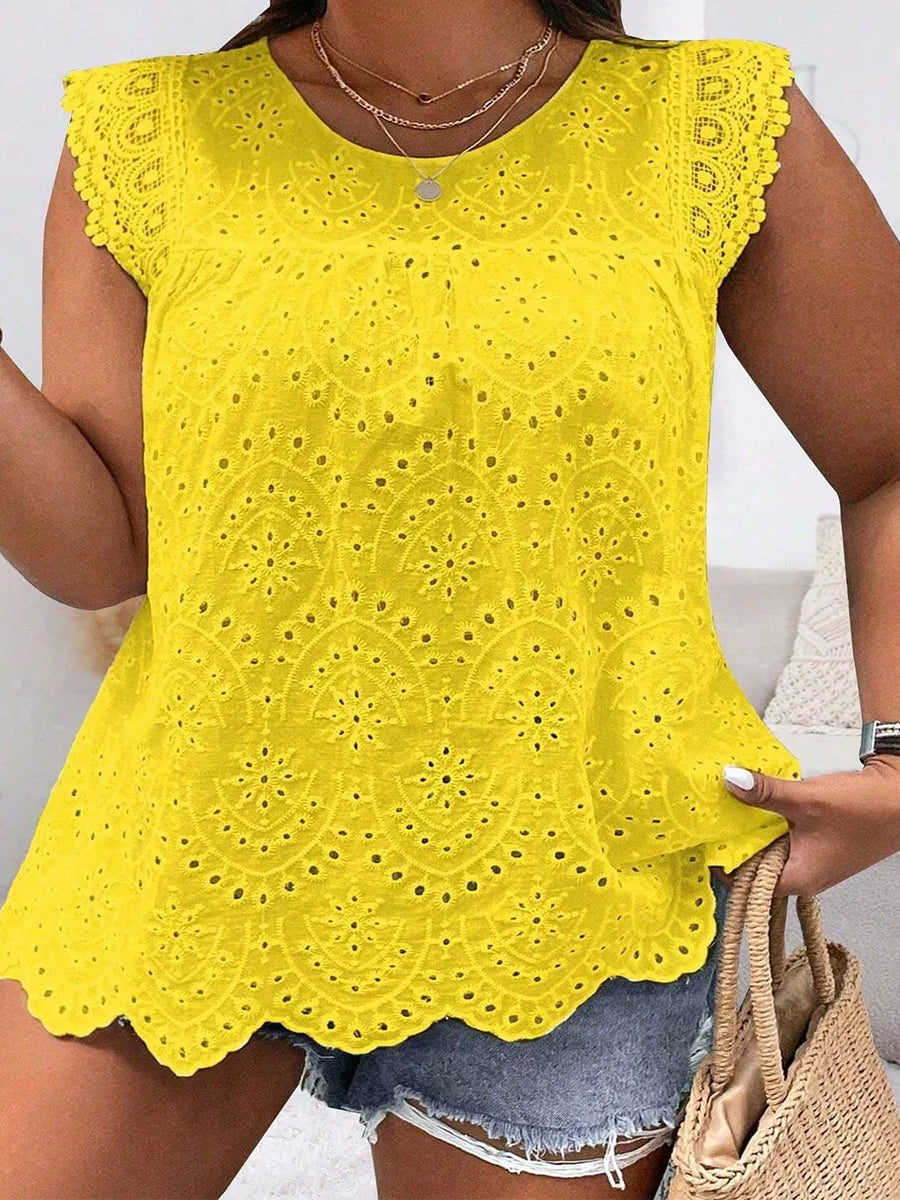 Casual Versatile Plus Size Sleeveless Round Neck Lace Shirt