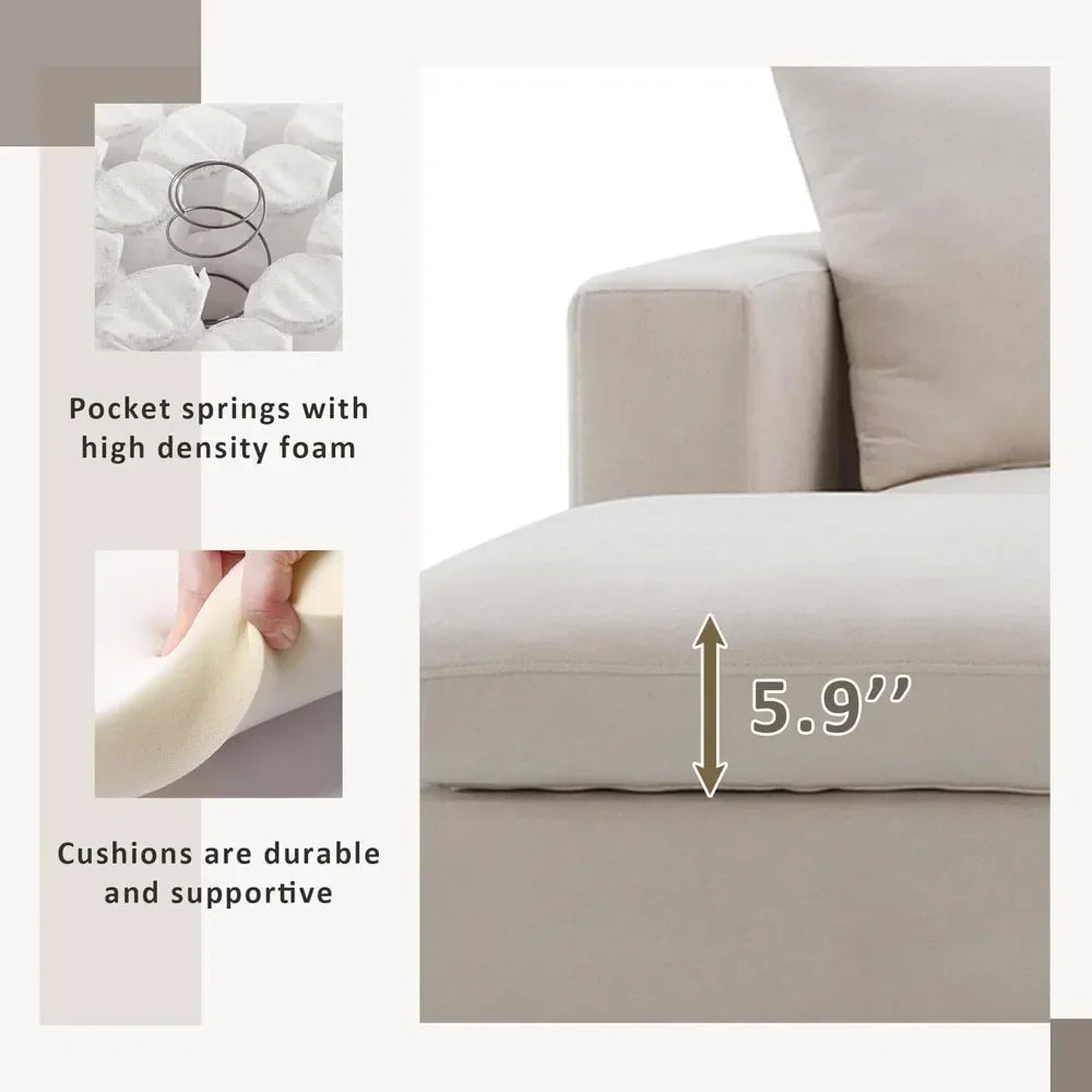 L Shaped 4 Seater Comfy Sofa with Convertible Ottoman, Polyester Fabric