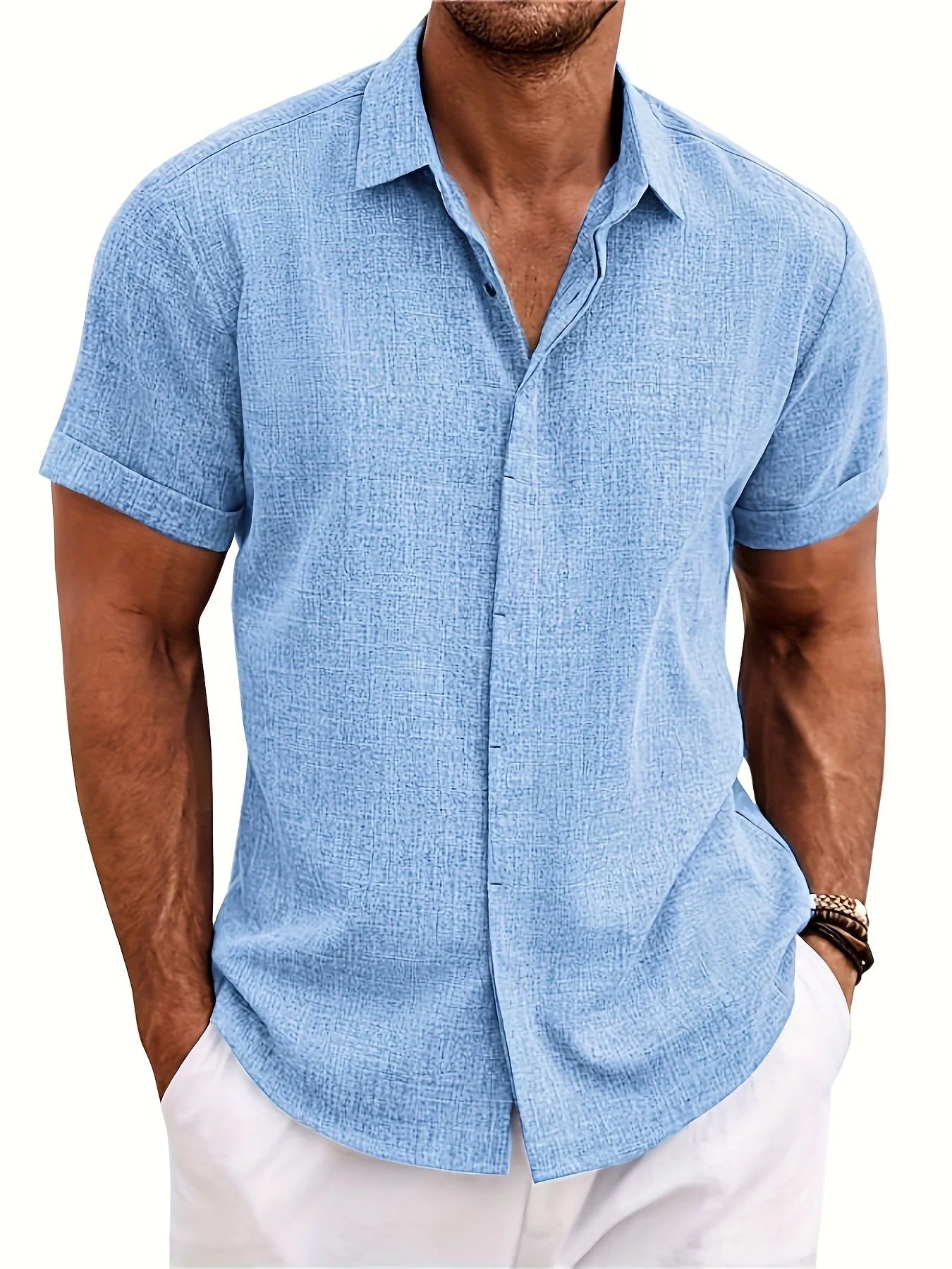 Men's Double Front Hemp Cardigan Lapel Short Sleeve Shirt – High Quality