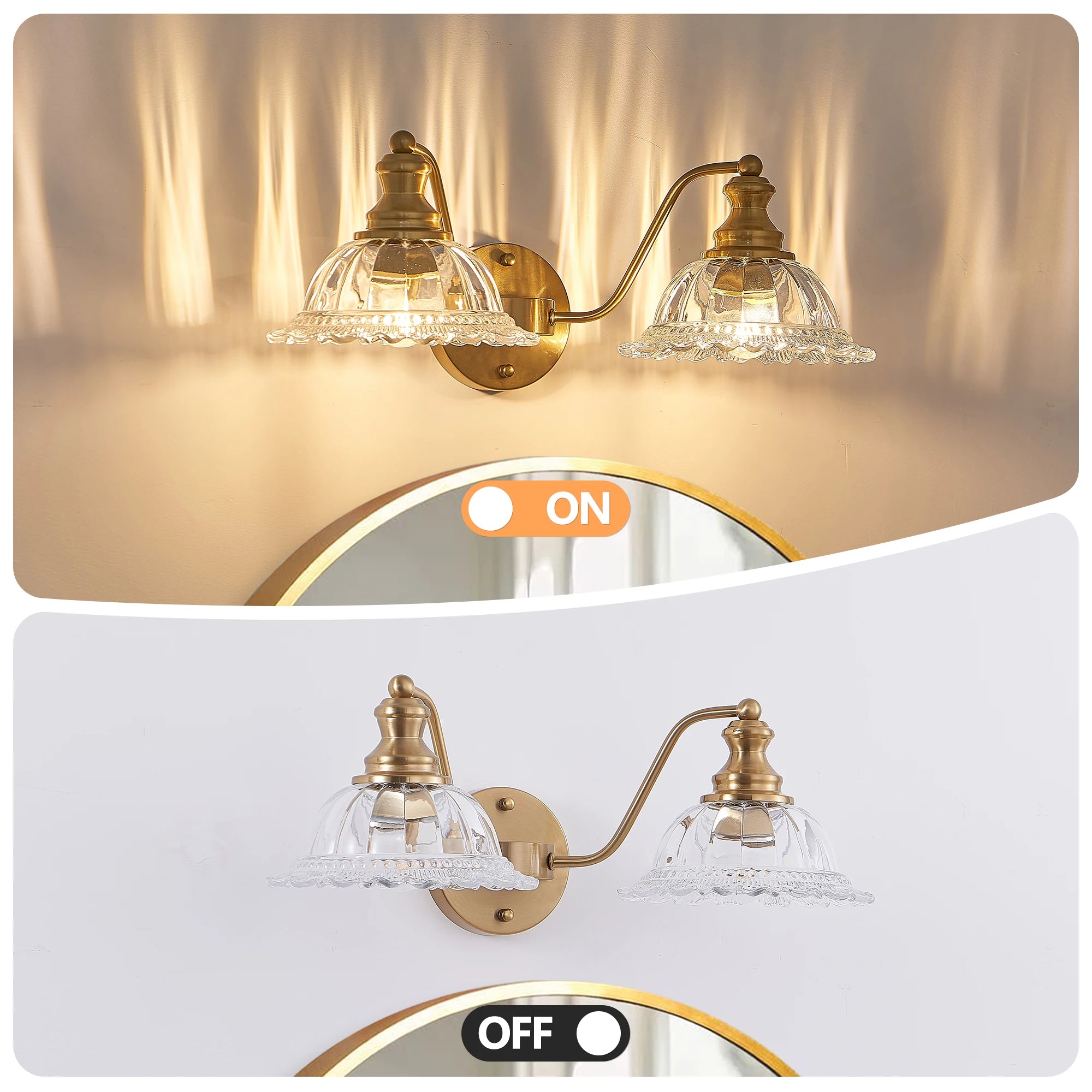 20 Inch 2-Light Elegant Vintage Bathroom Wall Sconce – Golden Metal and Glass Lampshade