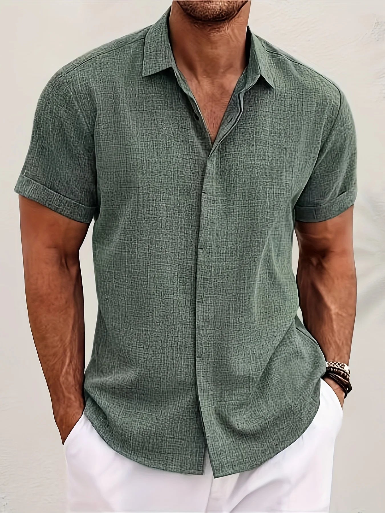 Men's Double Front Hemp Cardigan Lapel Short Sleeve Shirt – High Quality