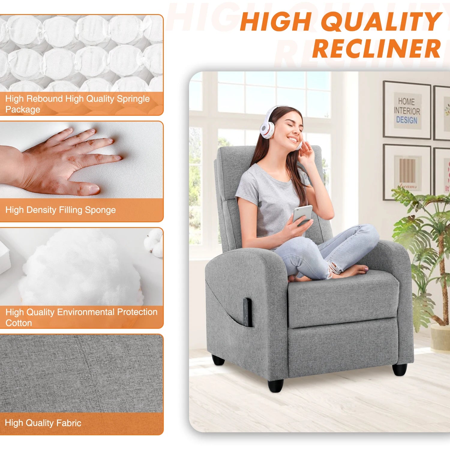 Recliner Massage Chair, Sofa Fabric, Adjustable Padded Seat Backrest, Lumbar Support