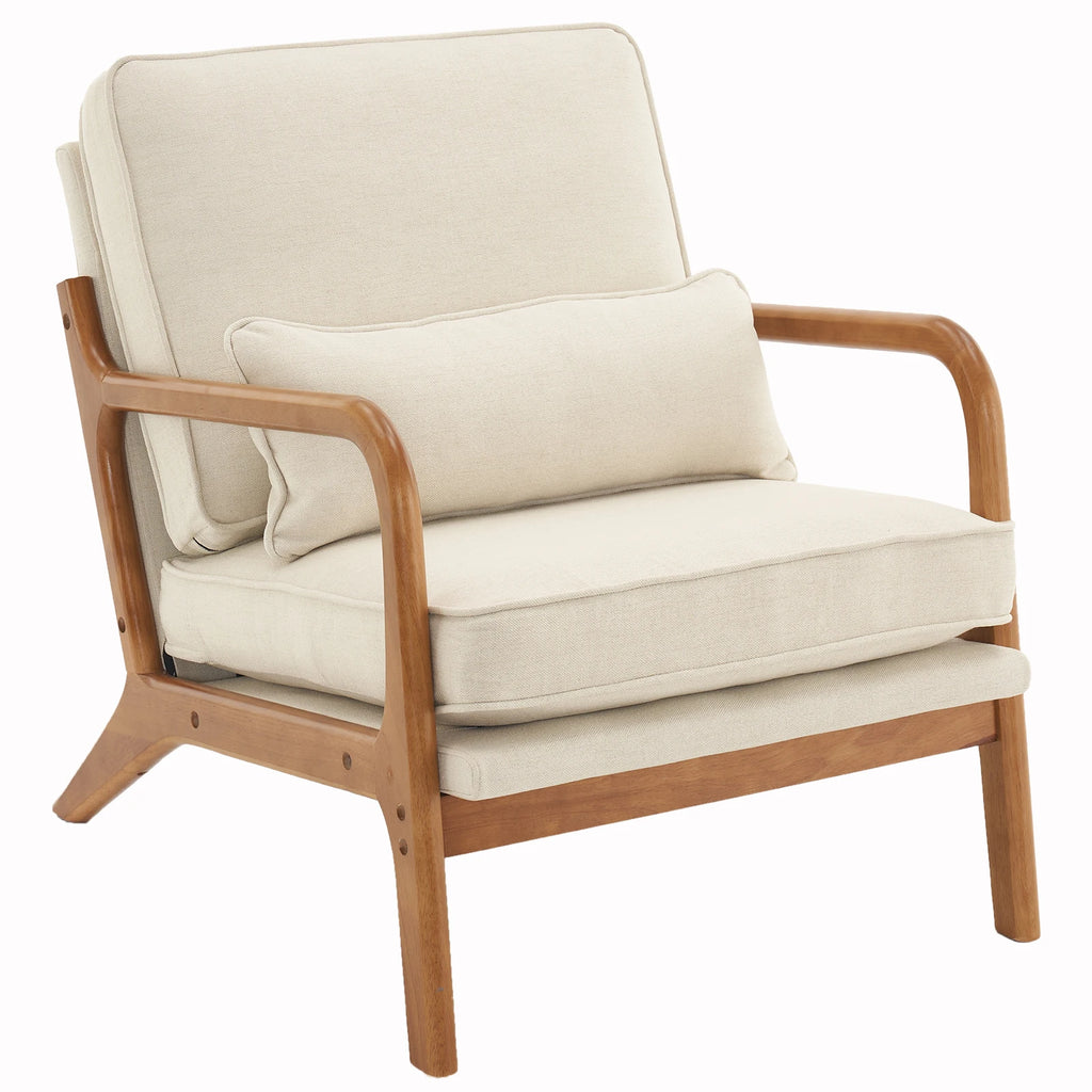 Off-White Upholstered Oak Indoor Lounge Chair