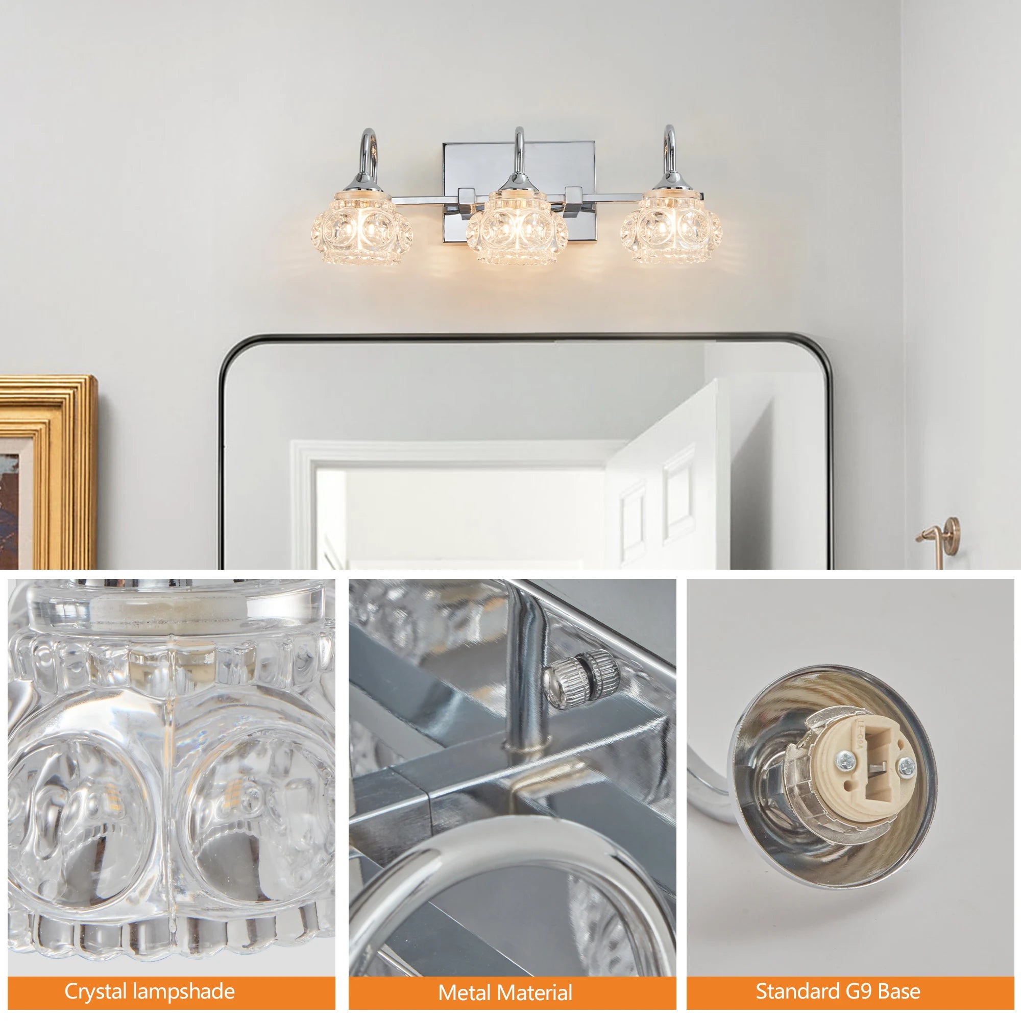 17" Brushed Nickel Finish Vintage Crystal Vanity Light – Elegant 3-Light Bathroom Mirror Fixture with Clear Glass Shades
