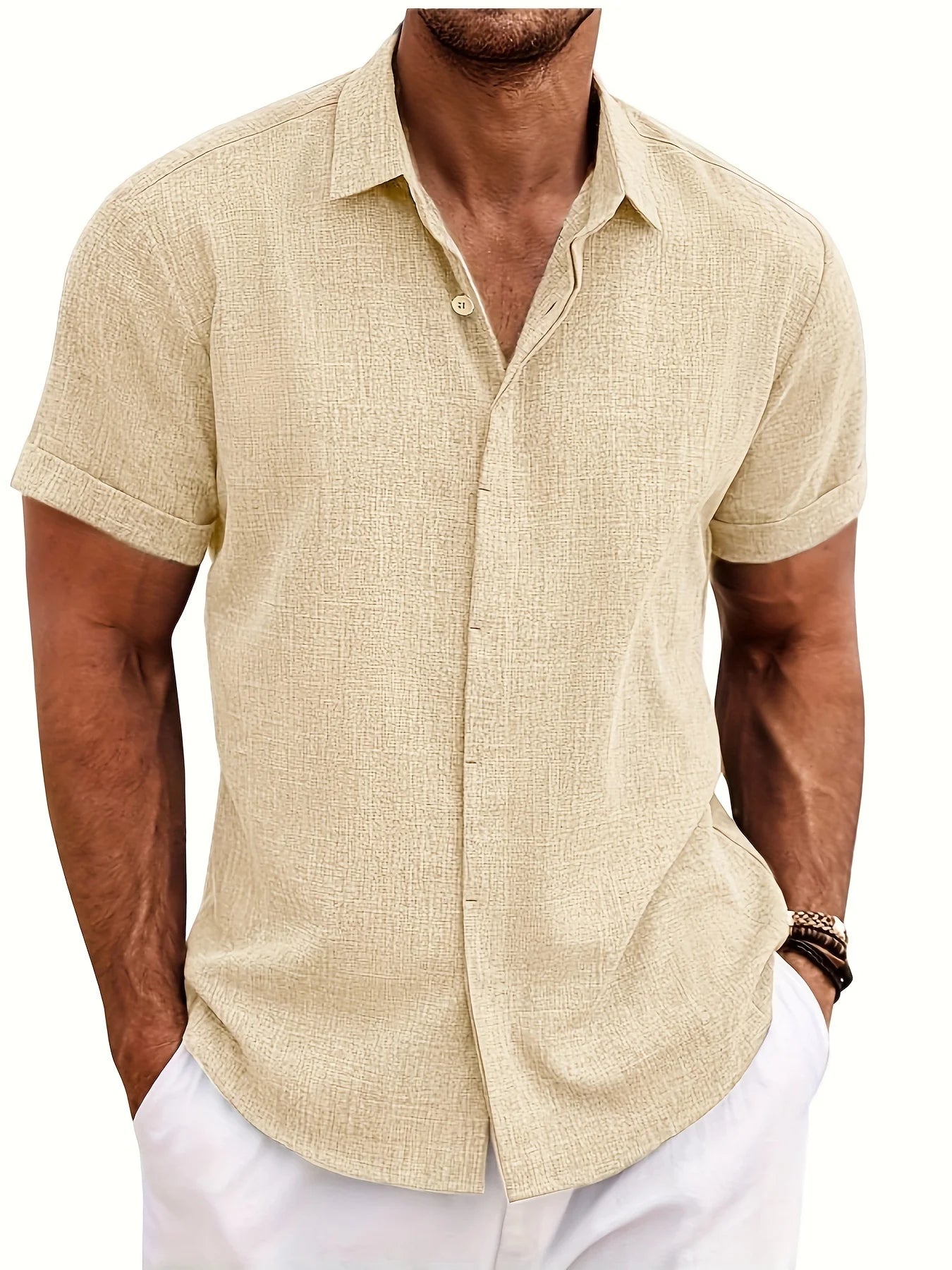 Men's Double Front Hemp Cardigan Lapel Short Sleeve Shirt – High Quality