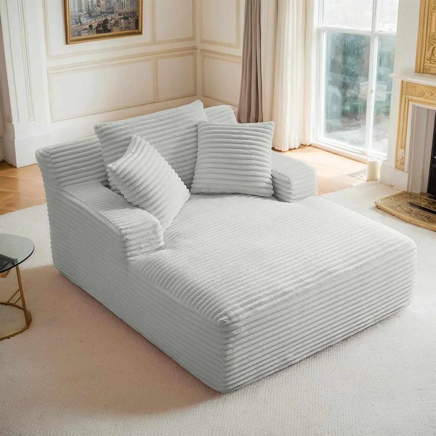Oversized Corduroy Chaise Lounge Chair with Sofa Bed & Throw Pillows