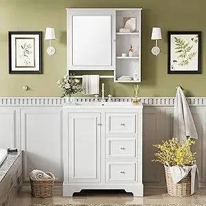 30-inch Elegant Bathroom Vanity with Sink, Storage Cabinet, 3 Drawers, Adjustable Shelves