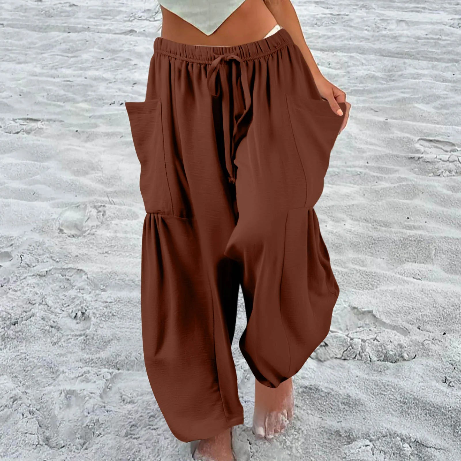 Women’s Plus Size Middle Waist Baggy Pants with Pockets – Korean Fashion