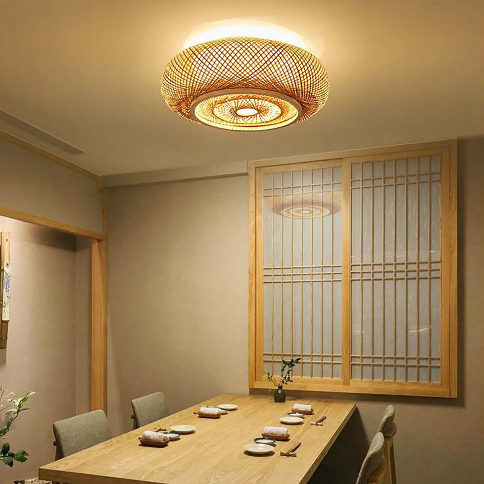 Flush Mount Bamboo Shade Ceiling Light Fixture – Rattan Wicker Pendant Lamp