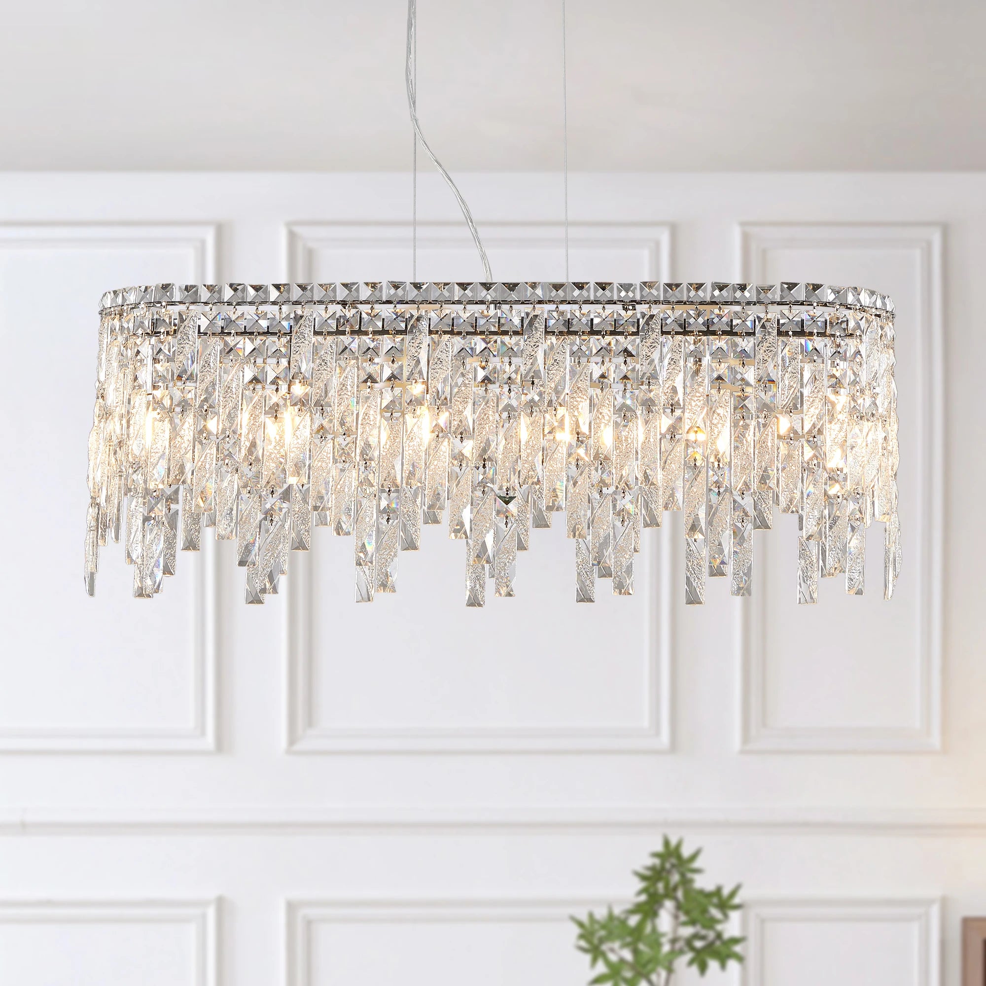 Silver Elegant Oval Crystal Chandelier with Reflective Hanging Crystals