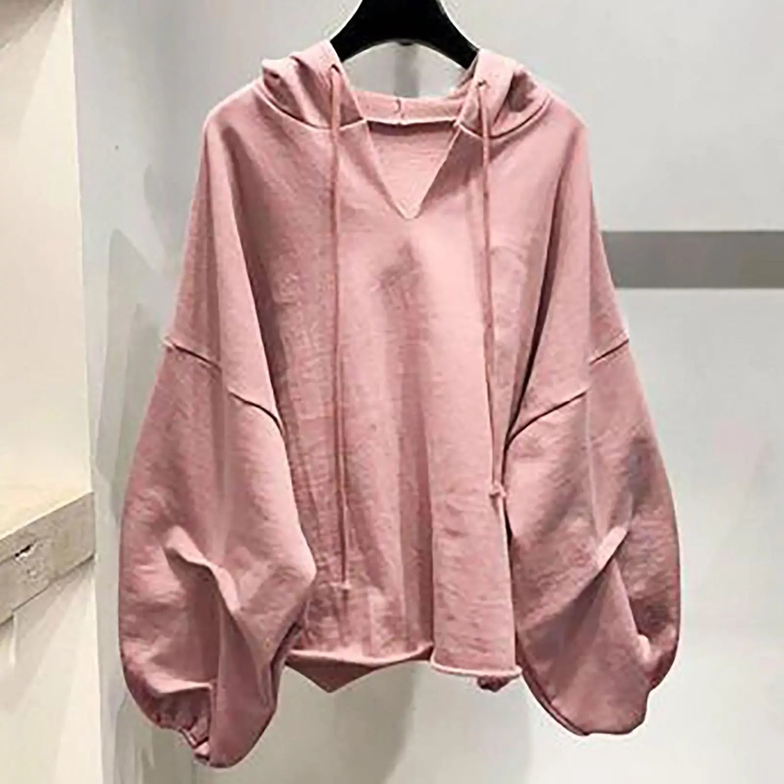 Women’s Casual Solid Color V-Neck Hooded Loose Long Sleeve Sweatshirt
