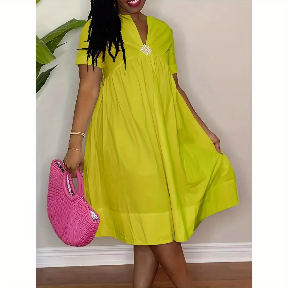 Casual Short Sleeved V-neck Waist Cinched Loose A-line Skirt