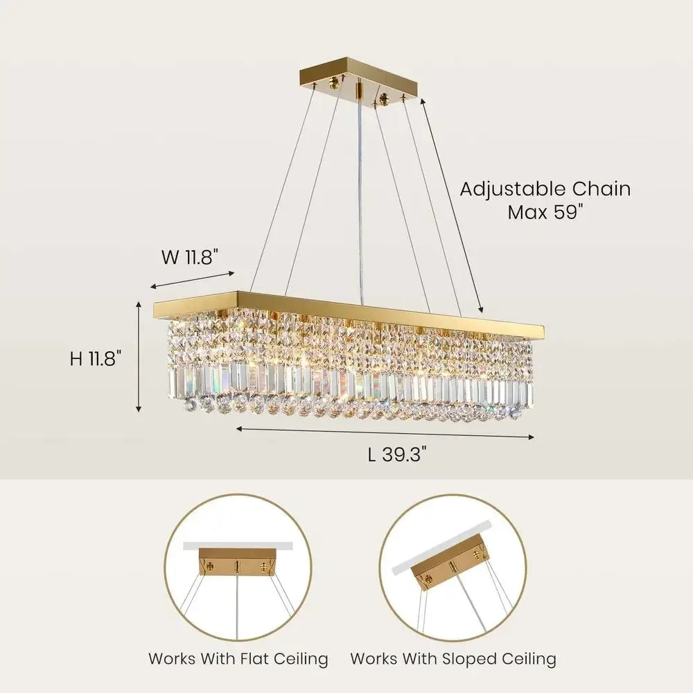 Modern Rectangular Crystal Chandelier – Gold Pendant Light Fixture with 8 Lights & Adjustable Chain