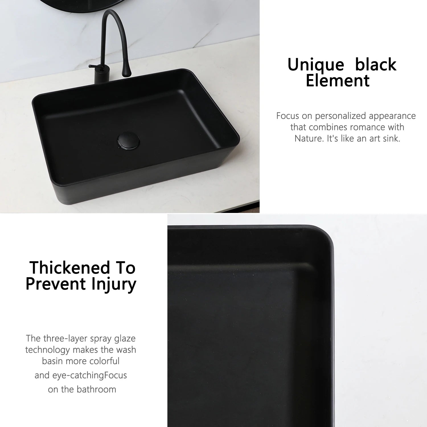 22x14" Black Stone Resin Sink with Faucet and Drain, Rectangle, Above Counter