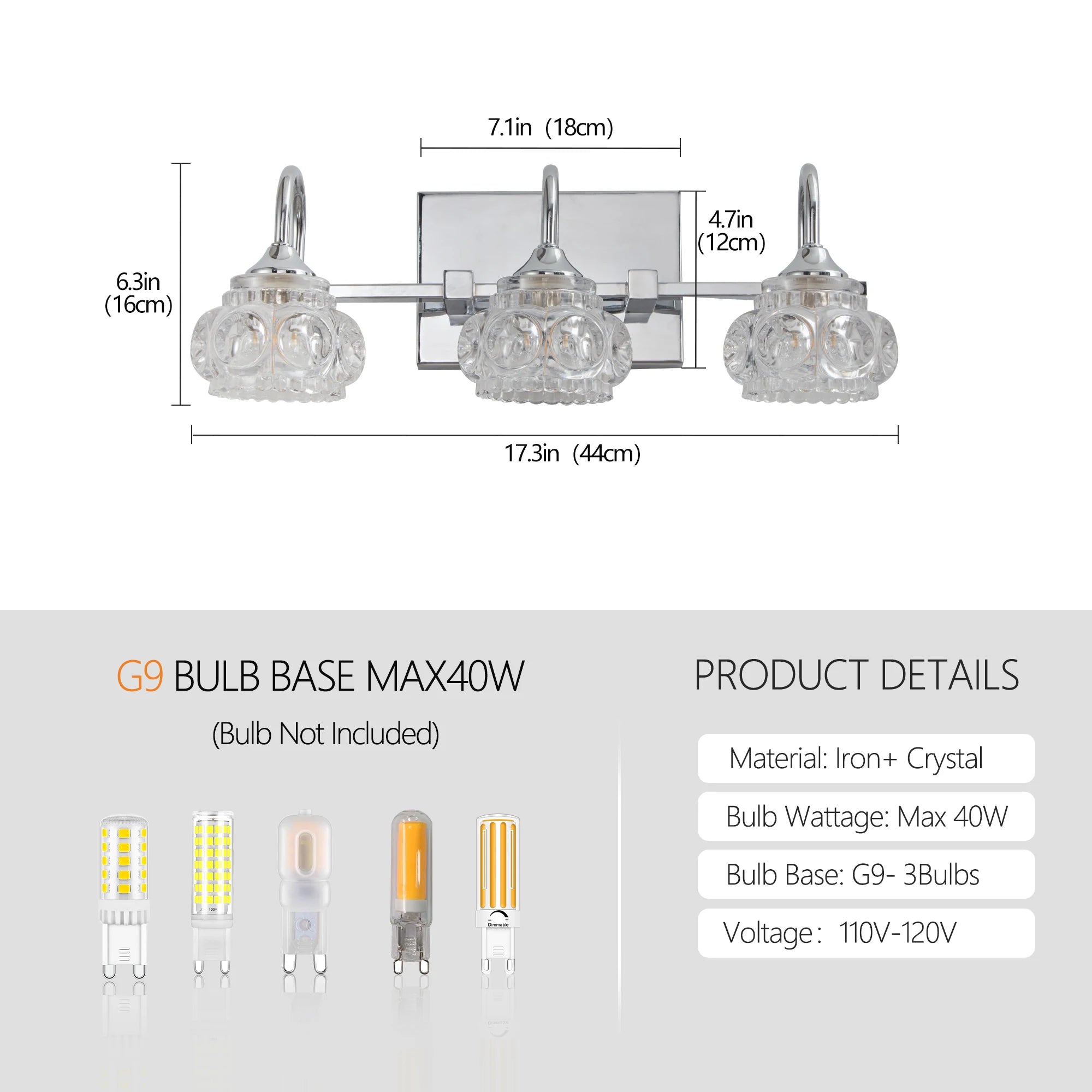 17" Brushed Nickel Finish Vintage Crystal Vanity Light – Elegant 3-Light Bathroom Mirror Fixture with Clear Glass Shades