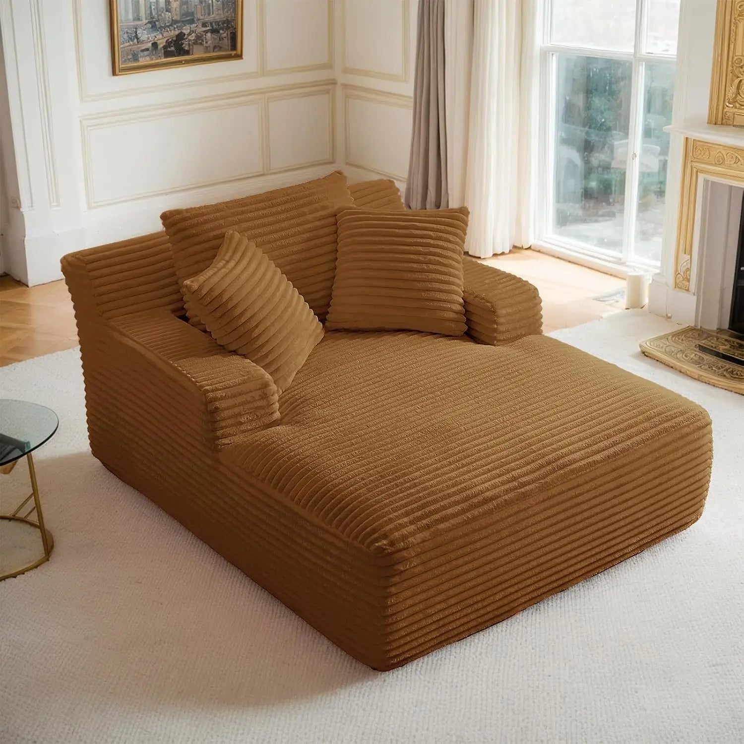 Oversized Corduroy Chaise Lounge Chair with Sofa Bed & Throw Pillows