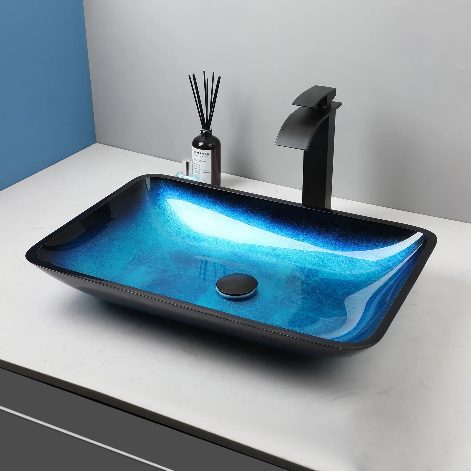 Big Countertop Tempered Glass Sink Faucet Set