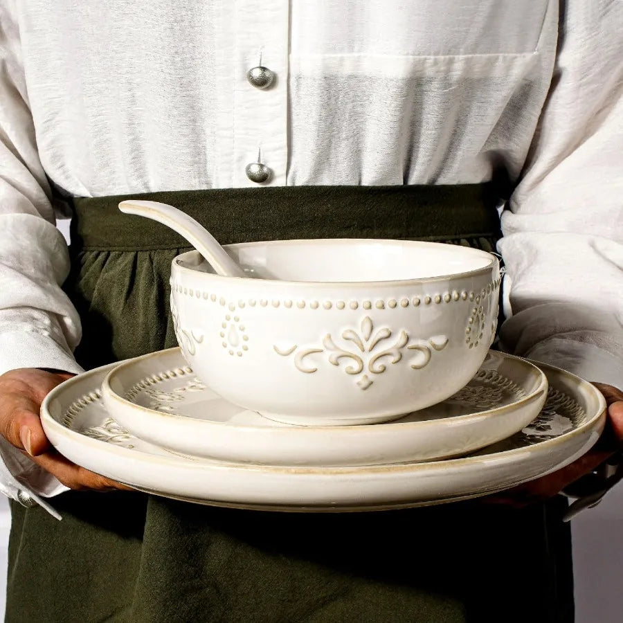 16-Piece Embossed White Ceramic Dinnerware Set – Service for 4
