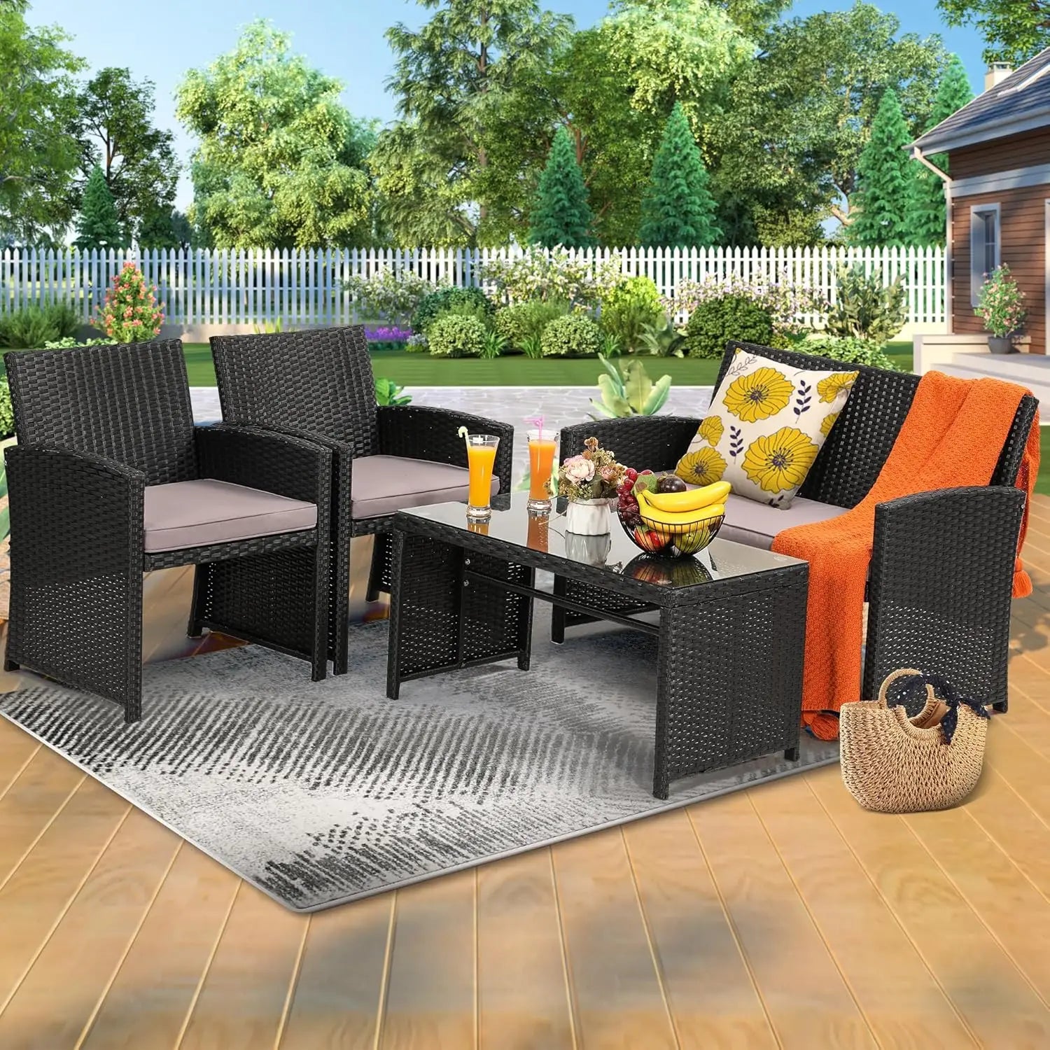 4-Piece Rattan Patio Furniture Set – Cushioned Outdoor Conversation Sofa Set