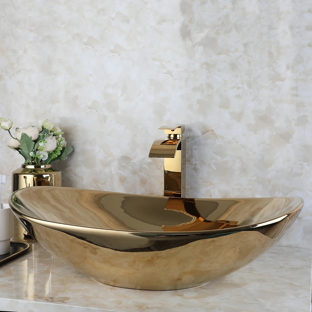 Luxury Large Gold Vessel Sink with Faucet Combo