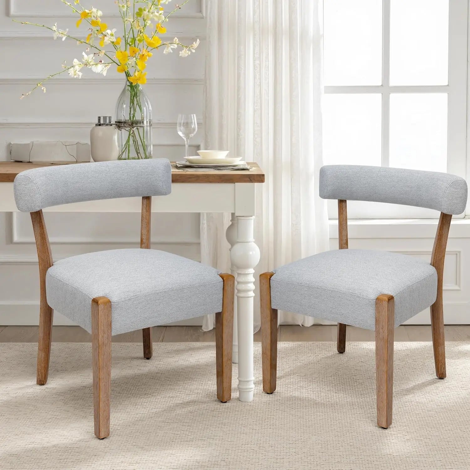 Wooden Dining Chairs, Set of 4, Upholstered Linen Fabric