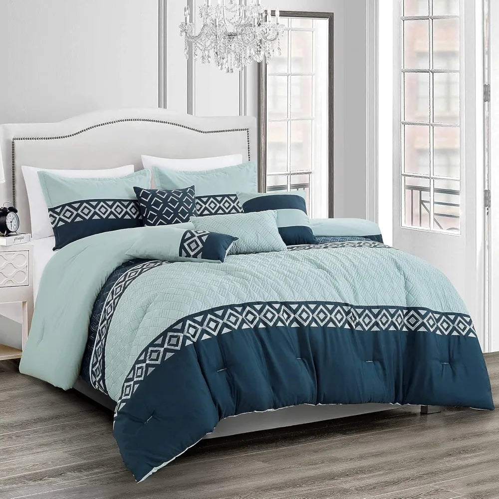 Luxury 7-Piece Full/Queen Comforter Set – Modern Damask Embroidered Grey Elegance