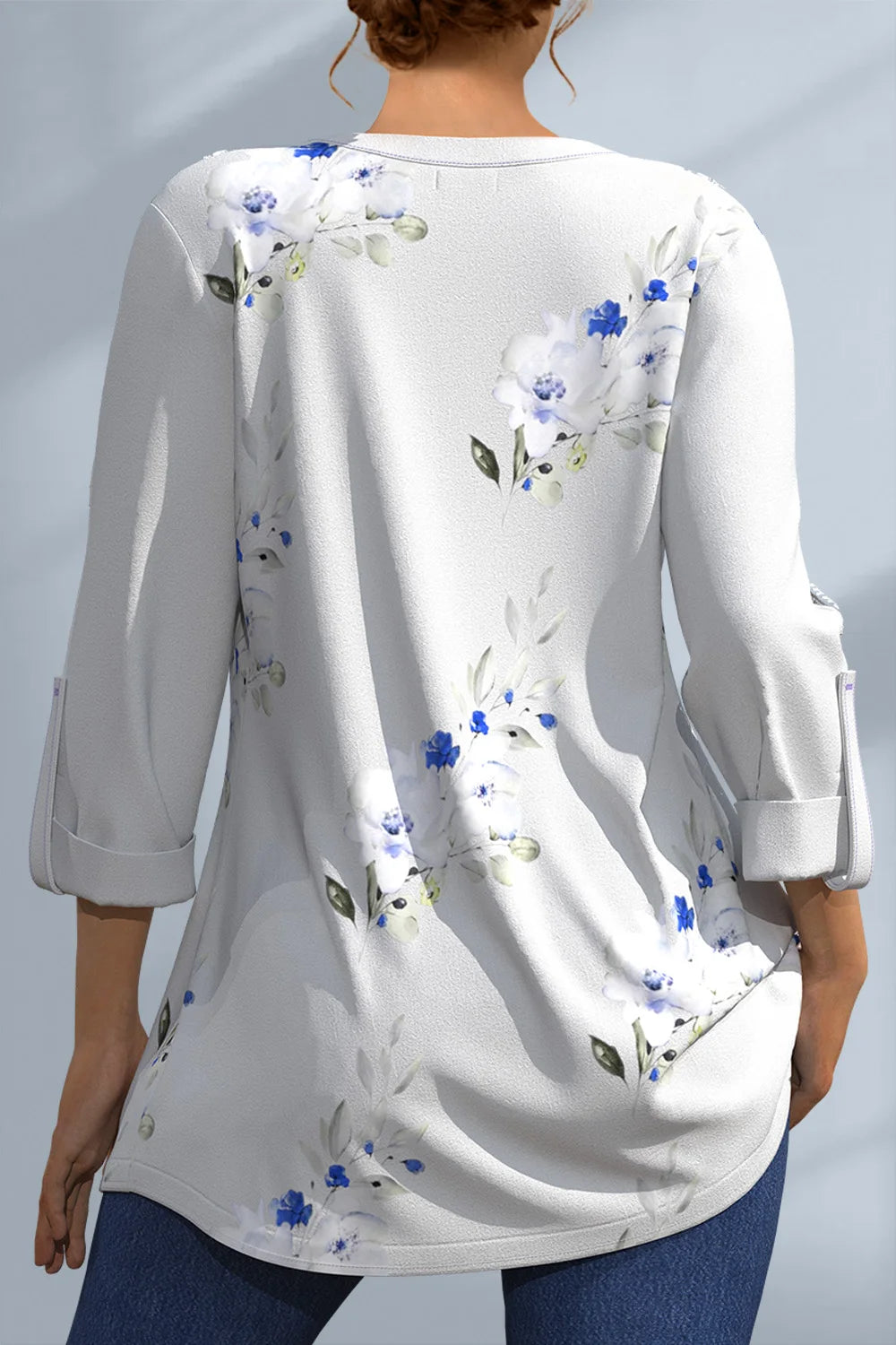 Plus Size Lace Patchwork V-Neck Floral Print Blouse
