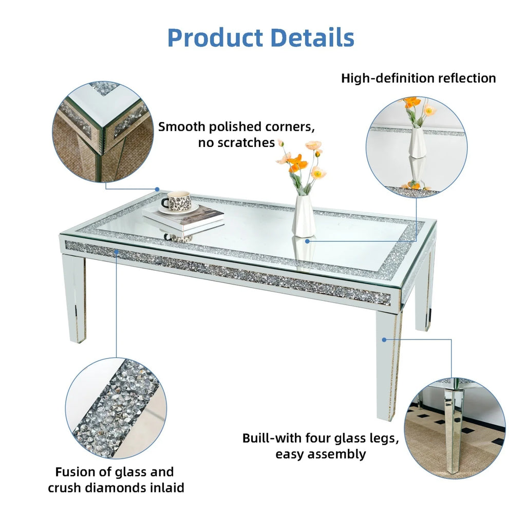 Rectangle Mirrored Coffee Table with Crystal Diamond Inlay